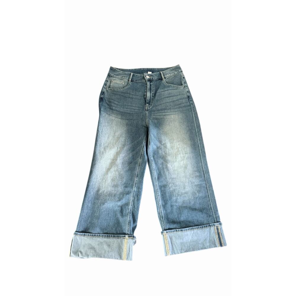 Halara Petite Women's Wide-Leg Cuffed Blue Denim Jeans Relaxed Fit Cropped